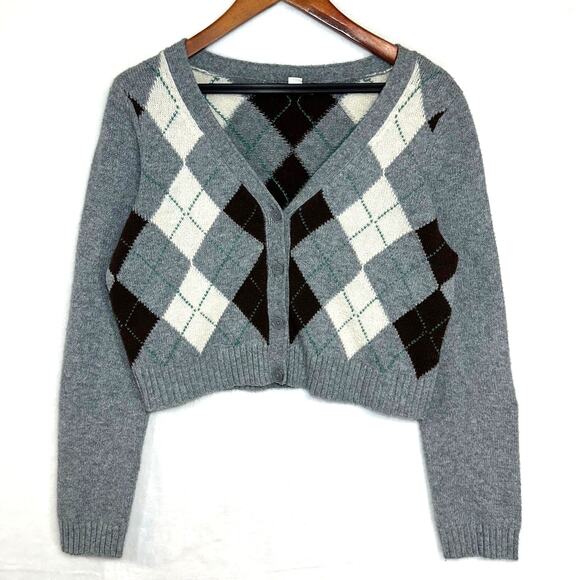 American Eagle M Gray‎ Argyle Cropped Cardigan Academia Eco Cozy Layer Fall Y2K - Picture 2 of 10